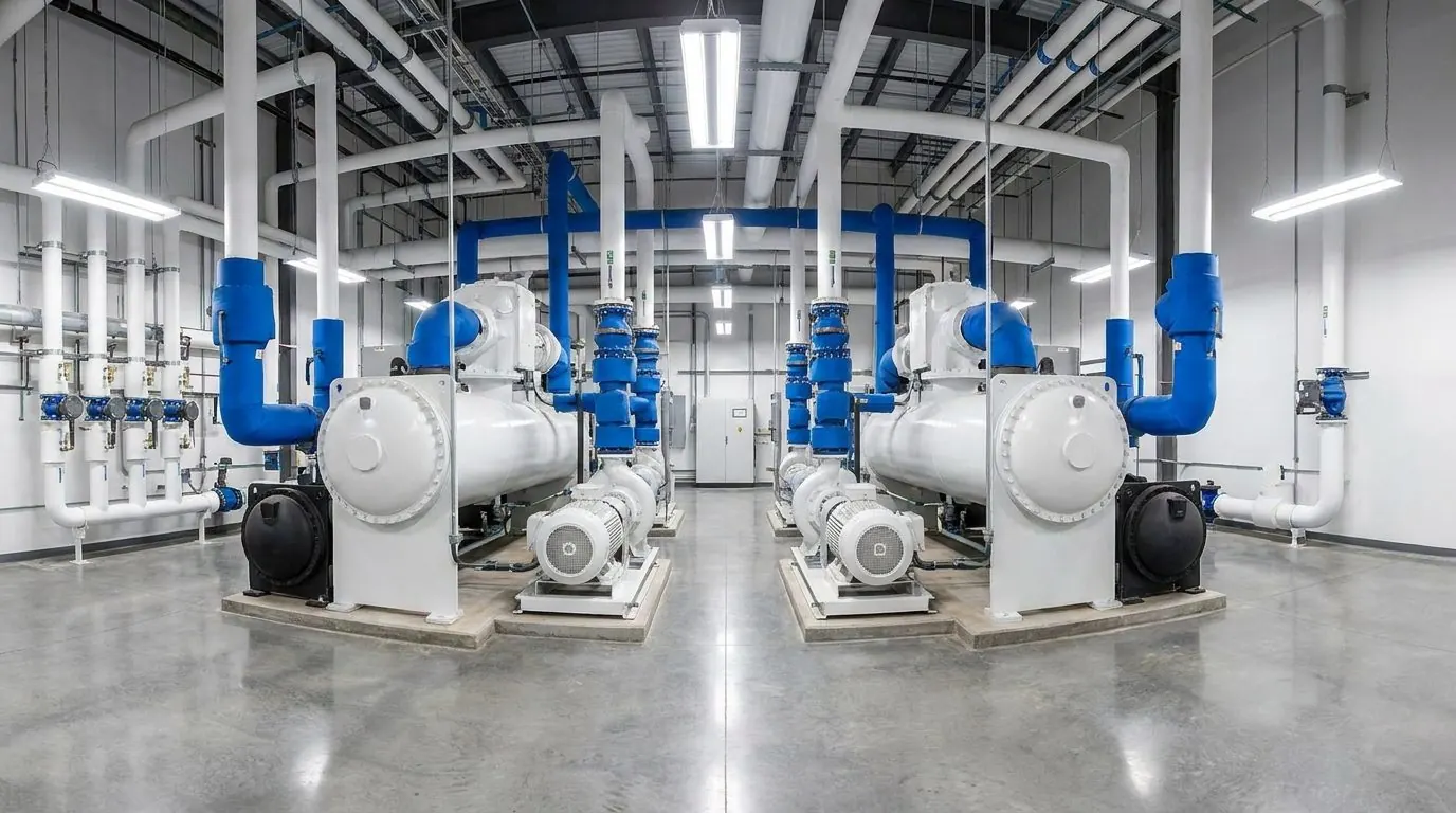 Central chiller plant with two water-cooled chillers and insulated piping