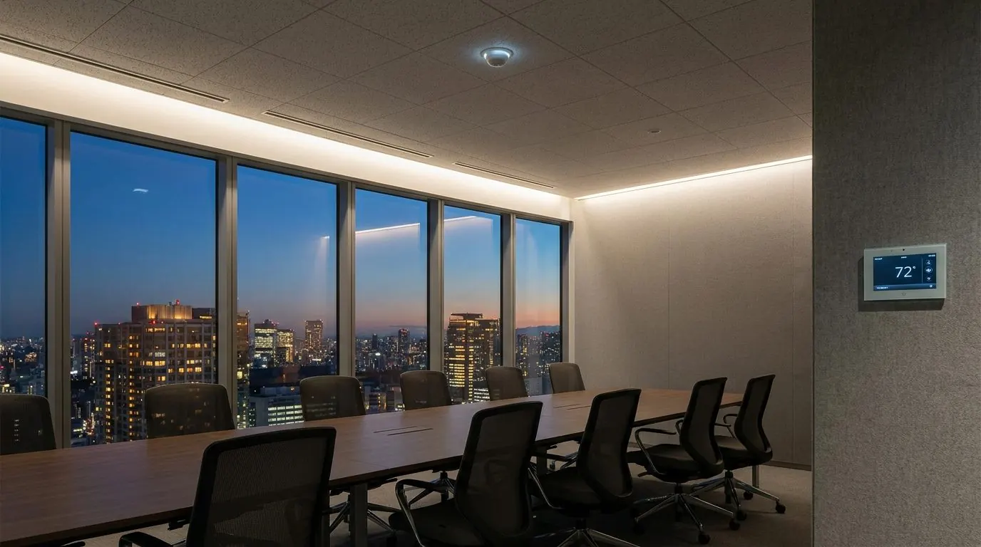 Empty conference room at dusk with an occupancy sensor and thermostat