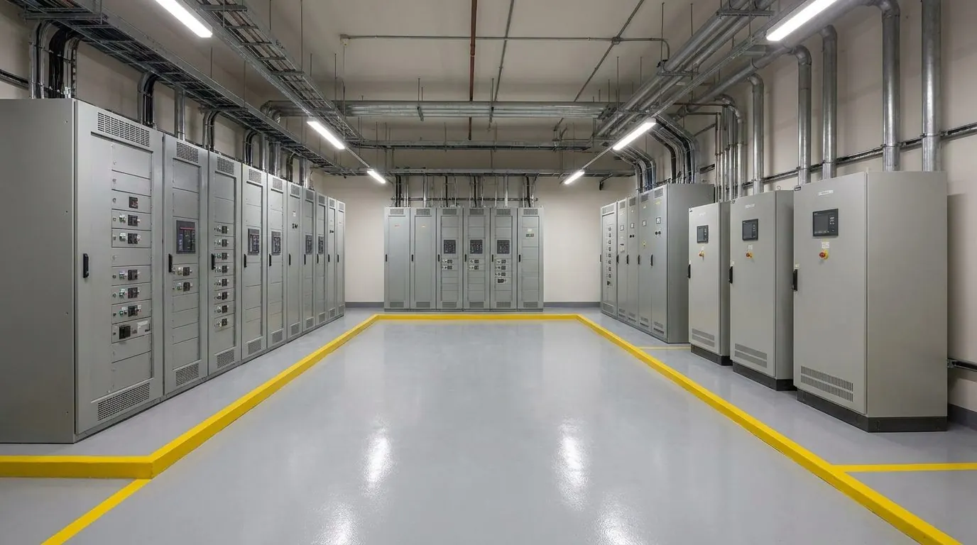 Electrical room with switchgear and automatic transfer switch cabinets
